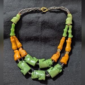 Gold Tone Green and Orange Resin Chunky Beaded Statement Necklace